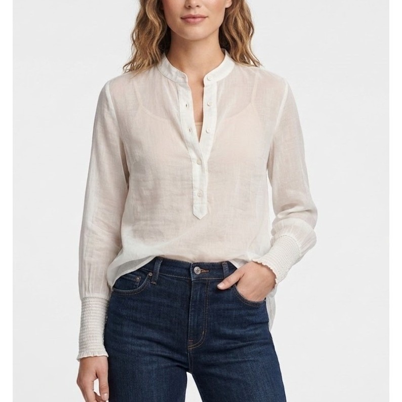 Rag & Bone Ivory Silk Blend Sheer Blouse Smocked Cuff Band Collar Top S